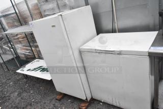 Frigidaire reach-in freezer and Kirkland chest freezer, white, used condition, 115 volts, 1 phase, standing outdoors.