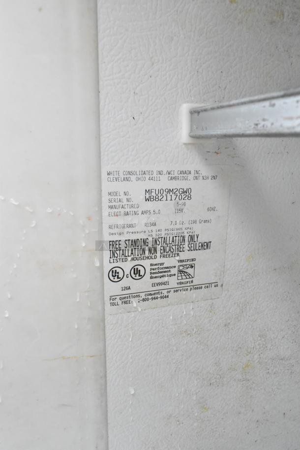 Label for Frigidaire MFU09M2GW0 single door freezer, 115V, 1 phase, showing model, serial, and manufacturing details.