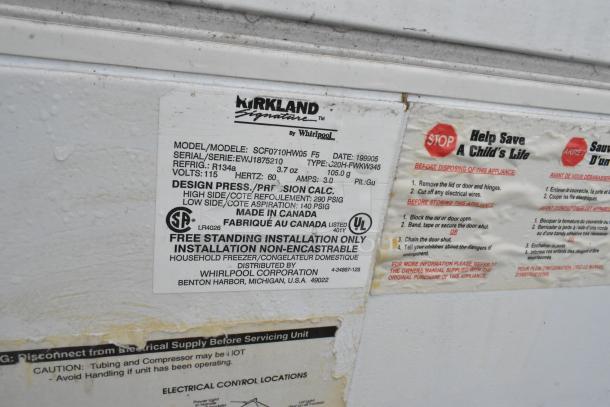 Kirkland SCF0710HW05 chest freezer label, 115 volts, by Whirlpool. Made in Canada. Free standing installation only.