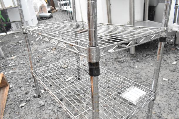 Chrome finish 3 tier wire shelving unit, sturdy design, visible NSF label, buyer must dismantle, freight charges apply.