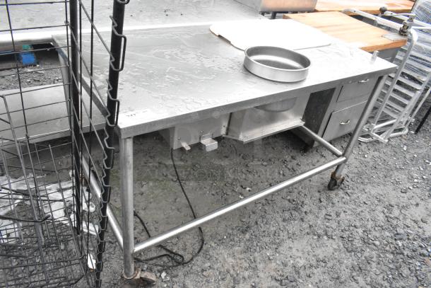Ayr King BBS-EC1-5830 stainless steel breading station on casters, 115V, 1 phase, with work surface and storage drawers.
