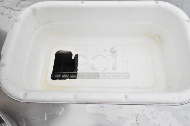 Ayr King BBS-EC1-5830 stainless steel commercial breading station with white tub, noticeable wear, on commercial casters.