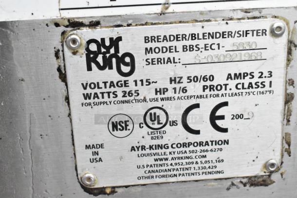 Ayr King BBS-EC1-5830 stainless steel commercial breading station with visible label, 115 volts, on commercial casters.