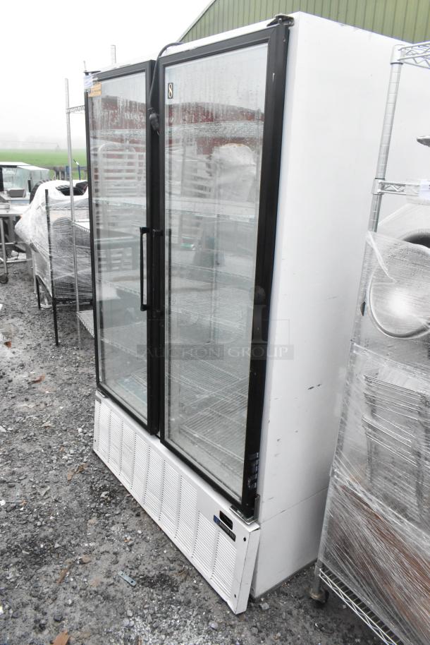 Master Bilt BLG-48HD metal 2-door reach-in cooler merchandiser with glass doors; 208-230V, 1 phase, visible wear.