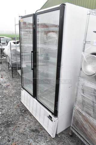 Master Bilt BLG-48HD metal 2-door reach-in cooler merchandiser with glass doors; 208-230V, 1 phase, visible wear.