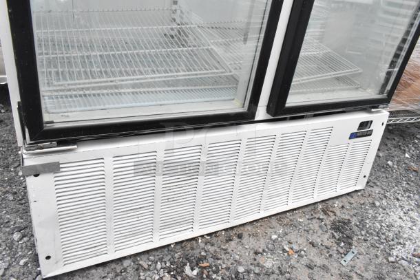 Master Bilt BLG-48HD metal 2-door commercial cooler in use, 208-230V, 1 phase. Visible wear, Master Bilt label intact.