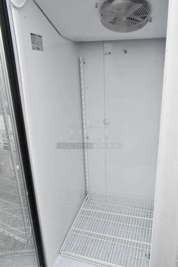 Master Bilt BLG-48HD metal commercial 2-door reach-in cooler, white interior, shelf visible, 208-230V, 1 phase.