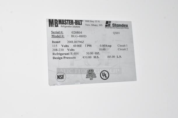 Master Bilt BLG-48HD 2 Door Reach In Cooler tag, 208-230V, 1 Phase, R-404 refrigerant, NSF & UL listed, serial #020804.