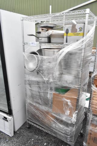 Chrome finish 5-tier wire shelving unit with metal drop-in bins, secured with plastic wrap, requires buyer dismantling.