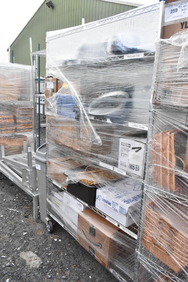 Chrome finish 6-tier wire shelving unit with assorted plasticware contents, wrapped in plastic. Buyer must dismantle.