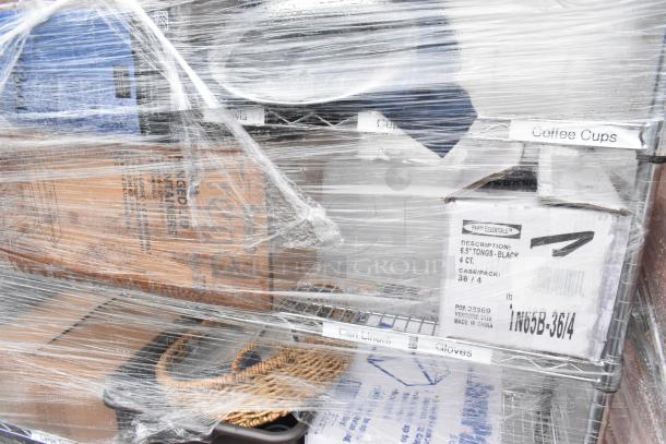 Chrome finish 6-tier wire shelving unit, wrapped with plastic, containing assorted plasticware and labeled boxes. Buyer dismantles.