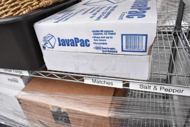 Chrome finish 6-tier wire shelving unit with contents including JavaPac boxes and plasticware. Labels visible for organization.
