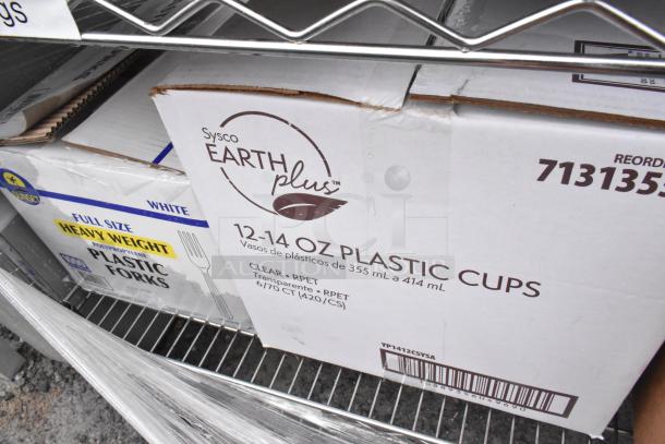Chrome finish 6-tier wire shelving with contents, including Sysco Earth Plus plastic cups and Sunset plastic forks. Buyer dismantles.