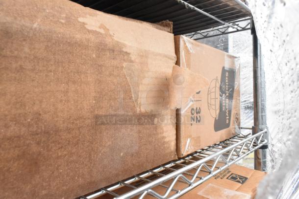 Chrome finish 6-tier wire shelving unit with cardboard boxes and plastic lids. Buyer must dismantle for shipping.