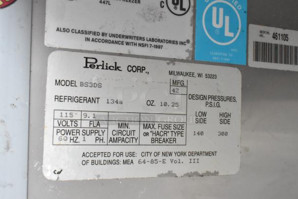 Perlick BS3DS stainless steel commercial back bar cooler label. Missing one door, 115V, 1 phase, refrigerant 134a.
