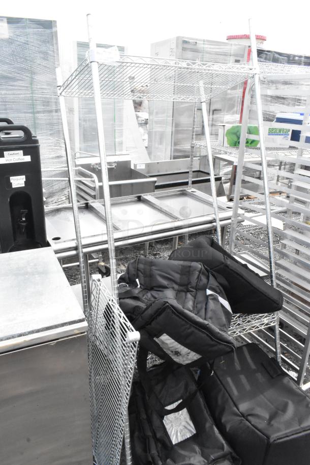 Chrome finish 4-tier wire shelving unit with food bags, buyer to dismantle. Used condition, suitable for storage needs.