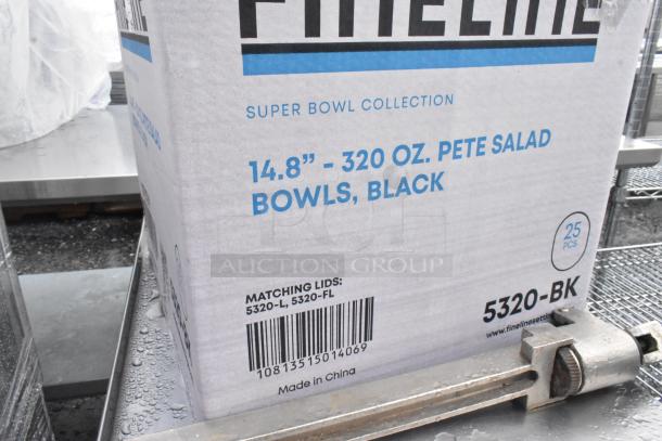 Metal 3-tier cart with a commercial can opener and a box labeled "14.8” - 320 oz. PETE Salad Bowls, Black, 25 pcs."
