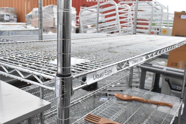 Chrome finish 4-tier wire shelving unit, labeled for storage. NSF certified. Requires dismantling by buyer.