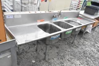 Stainless Steel 3 Bay Sink w/ Dual Drain Boards, Faucet and Handles. - Item #1211618