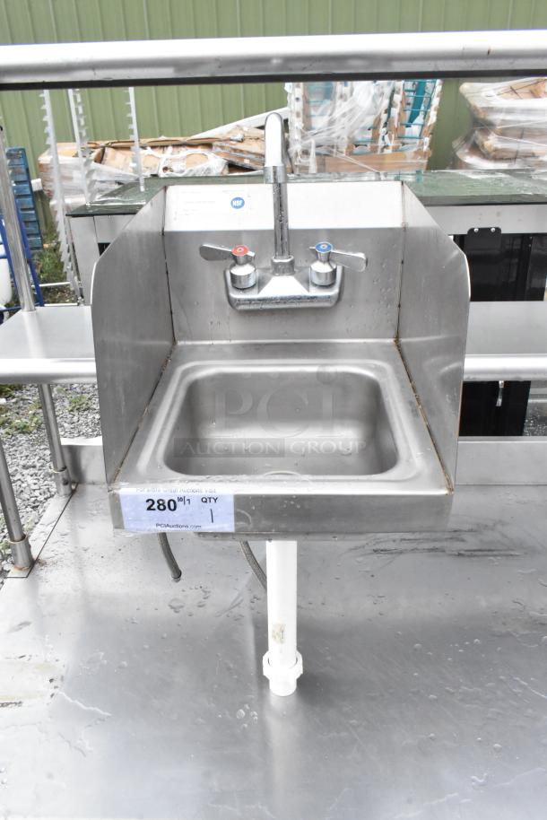 Stainless steel single bay sink with faucet and handles, NSF certified, in good condition. Auction tag reads "280, Qty 1".