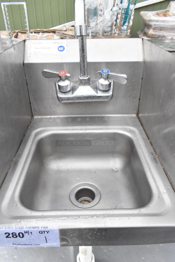 Stainless steel single bay sink with faucet and dual handles, NSF certified, model HS10S-CVVP, in clean condition.