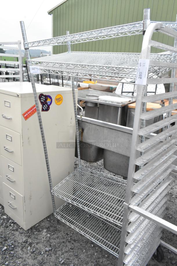 Chrome finish 4-tier wire shelving unit, good condition, dismantling required, consider freight for shipping.