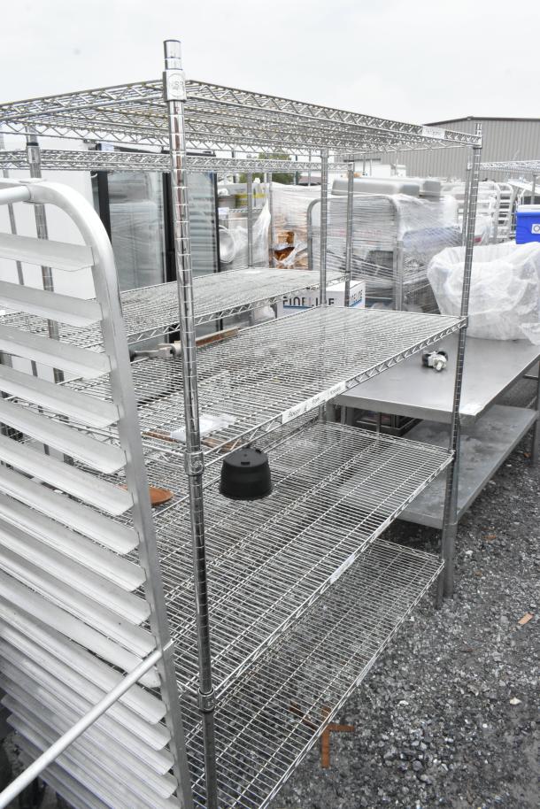 Chrome finish 4-tier wire shelving unit, sturdy design, ideal for storage. Buyer must dismantle; consider freight charges.
