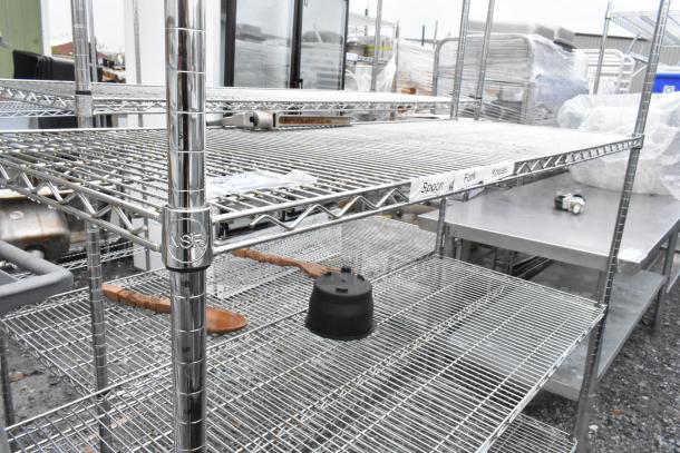 Chrome finish 4-tier wire shelving unit, NSF label, in used condition. Buyer must dismantle. Consider freight charges.