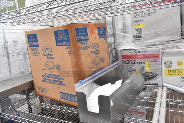 Chrome finish 4-tier wire shelving unit with assorted contents, including plastic cutlery and aluminum pans. Buyer dismantles.