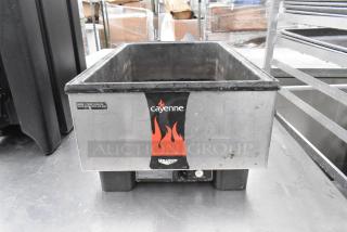 Vollrath Cayenne 1001 metal commercial countertop food warmer, 120 volts, 1 phase, showing signs of wear with manufacturer branding.