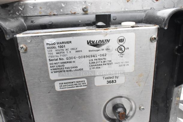 Vollrath Cayenne 1001 commercial food warmer, 120V, 700W, with NSF and UL certifications, showing serial number and patent info.