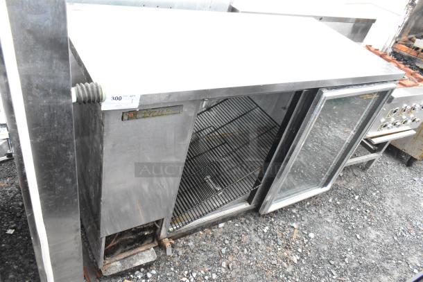 True TBB-2G-S stainless steel 2-door back bar cooler with missing door, 115 volts, 1 phase, visible True logo.