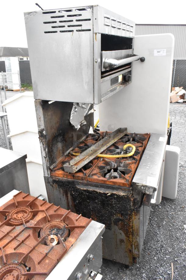 Stainless steel commercial gas-powered 6-burner range with salamander cheese melter, backsplash, and oven. Used condition.