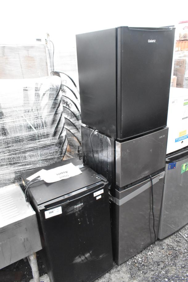 Three mini coolers including Galanz GL35BK-GL35S5/GL35RD, Galanz GLR25MBKE02, and Vissani HVDR45Ps. Black finish, used condition, 120V, 1 phase.