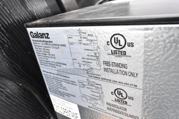 Galanz label on mini cooler model GL35BK-GL35S5/GL35RD. Features: 3.5 cu.ft, 120V, 1 phase. UL listed for free-standing use.