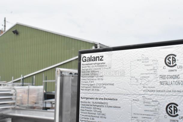3 mini coolers, including Galanz GLR25MBKE02 model, 2.5 cu. ft. capacity, 120V, 1 phase, with label details displayed.