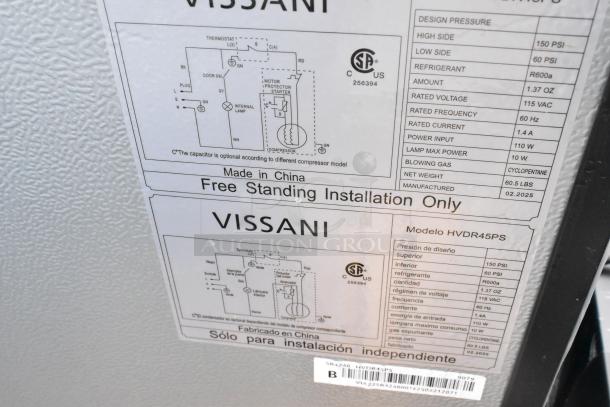 Vissani HVDR45PS cooler label showing specifications, including 115 VAC, R600a refrigerant, 60.5 lbs weight, and manufacture date 02.2025.