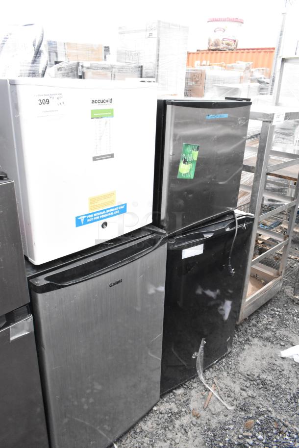 Four mini coolers: Accucold Freezer, Galanz GL43S5, Midea WHS-65LB1, GE WMR04GAVBBB, 120V, 1 Phase, in used condition.