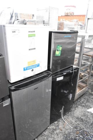 Four mini coolers: Accucold Freezer, Galanz GL43S5, Midea WHS-65LB1, GE WMR04GAVBBB, 120V, 1 Phase, in used condition.