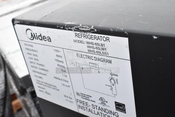 4 mini coolers including Accucold Freezer, Galanz GL43S5, Midea WHS-65LB1, GE WMR04GAVBBB. Visible Midea label shows specs.