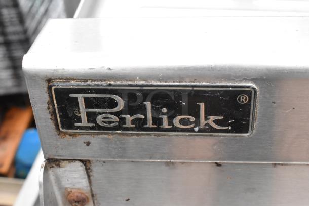 Perlick stainless steel 3 bay back bar sink with dual drain boards, features brand logo and Speedwell faucet. Signs of wear visible.