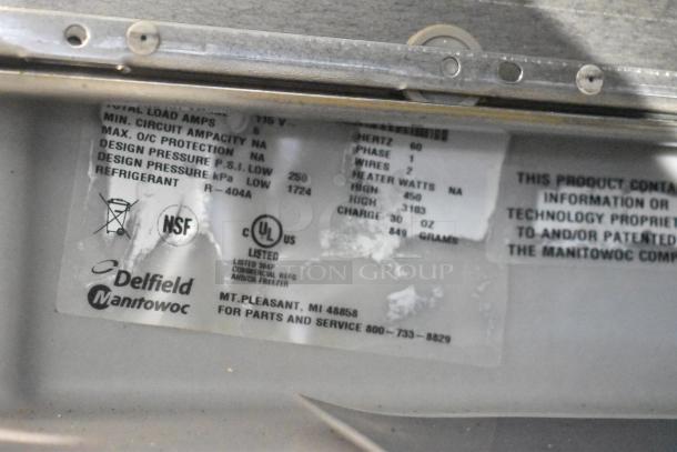 Delfield Versa Drawer label, showing NSF and UL listings, 1-phase, 115V, and refrigerant type R-404A.