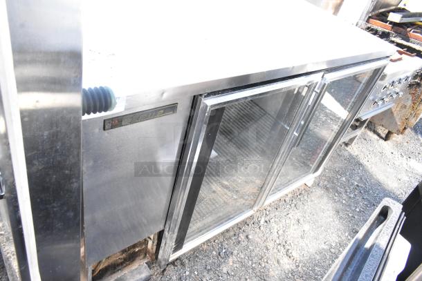 True TBB-2G-S stainless steel 2-door back bar cooler with glass doors, commercial use, 115 volts, visible branding.