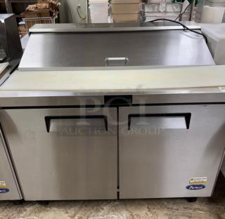 Atosa Sandwich Prep Table, Model MSF8302GR, stainless steel, 115v, 1 phase, tested and working, with dual doors and cutting board.