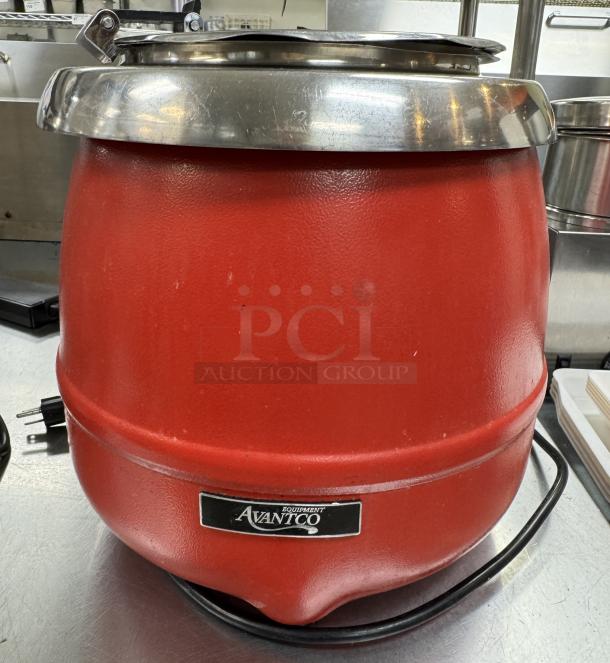 Avantco red soup/chili warming pot, stainless steel lid, tested working condition, visible brand label, power cord attached.