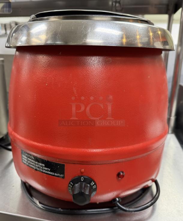 Avantco red soup/chili warming pot, tested and working, with steel lid. Features temperature control knob and caution label.