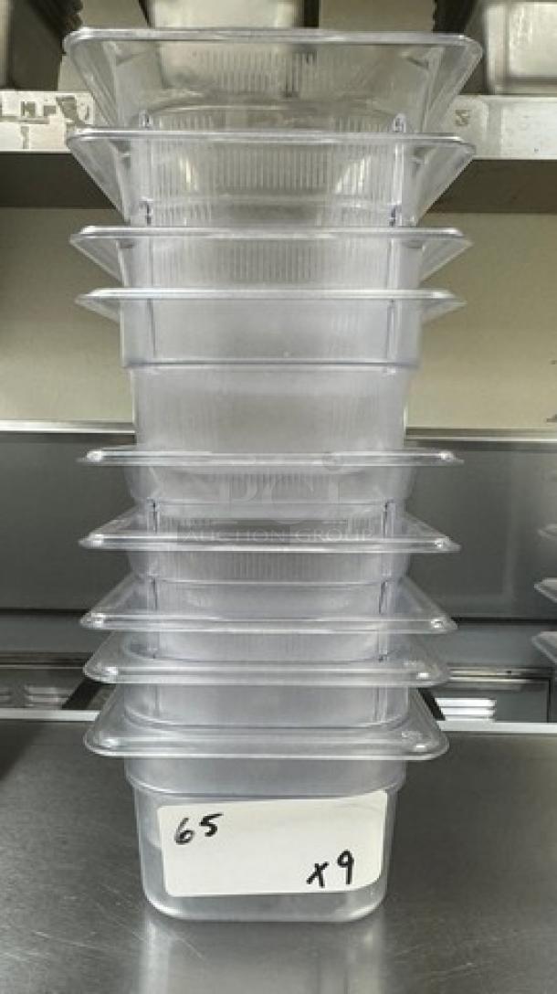 Stack of nine Vollrath acrylic containers, size 1/6 x 4, in clear condition with a label indicating "65 x9".