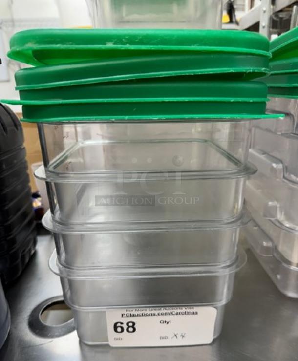 Cambro square plastic containers with green lids, stackable, clear, set of four, auction label "68" visible.