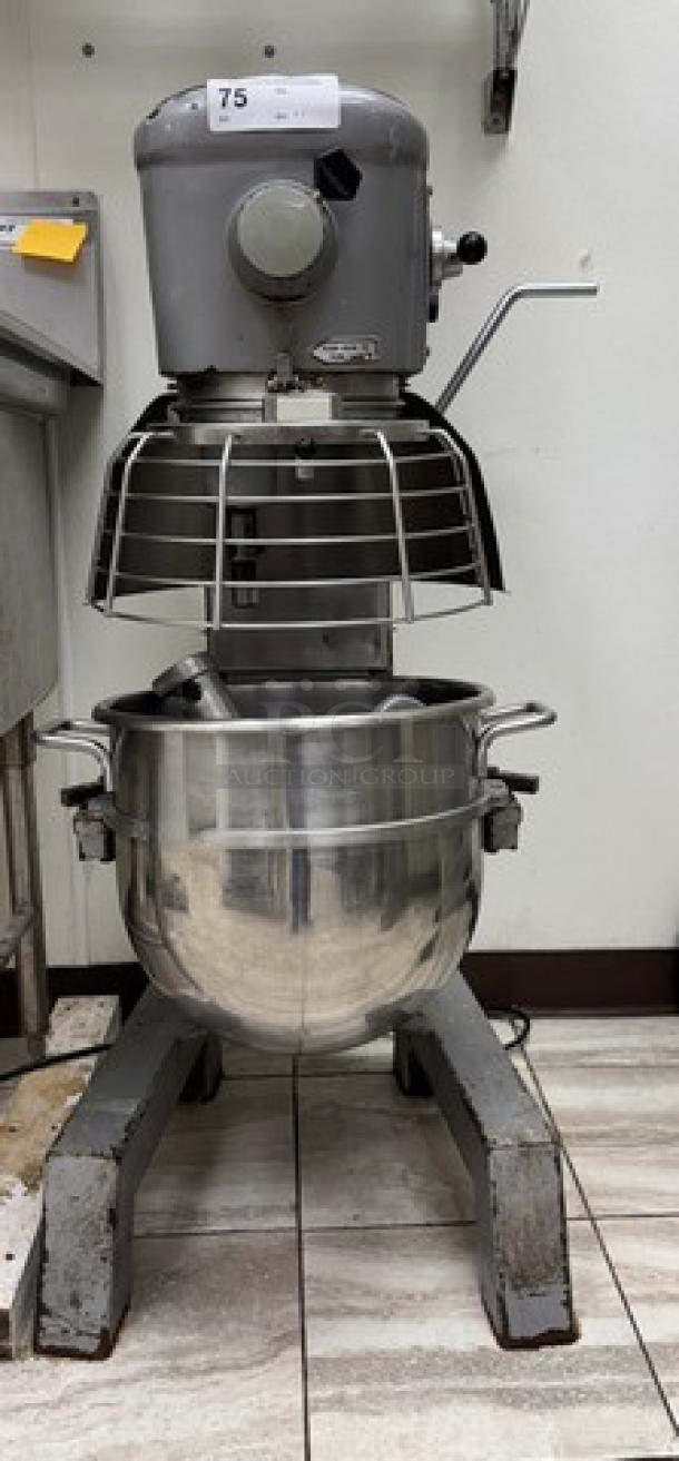 Hobart 32 Qt. mixer with stainless steel bowl and attachments, tested and working, grey finish, good condition.
