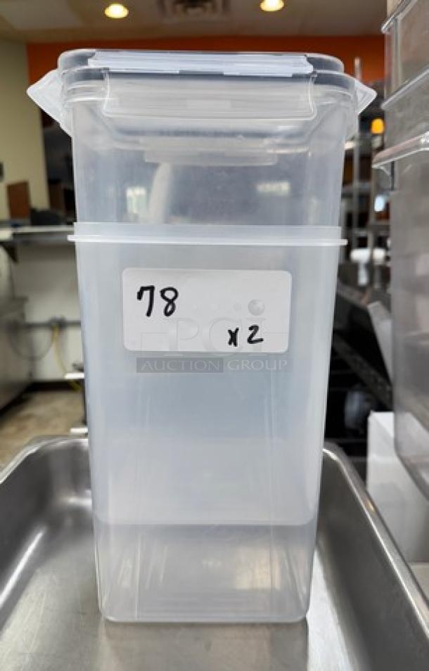 Square 6.5-liter plastic container with lid, clear, labeled "78 x2", ideal for storage; new condition.